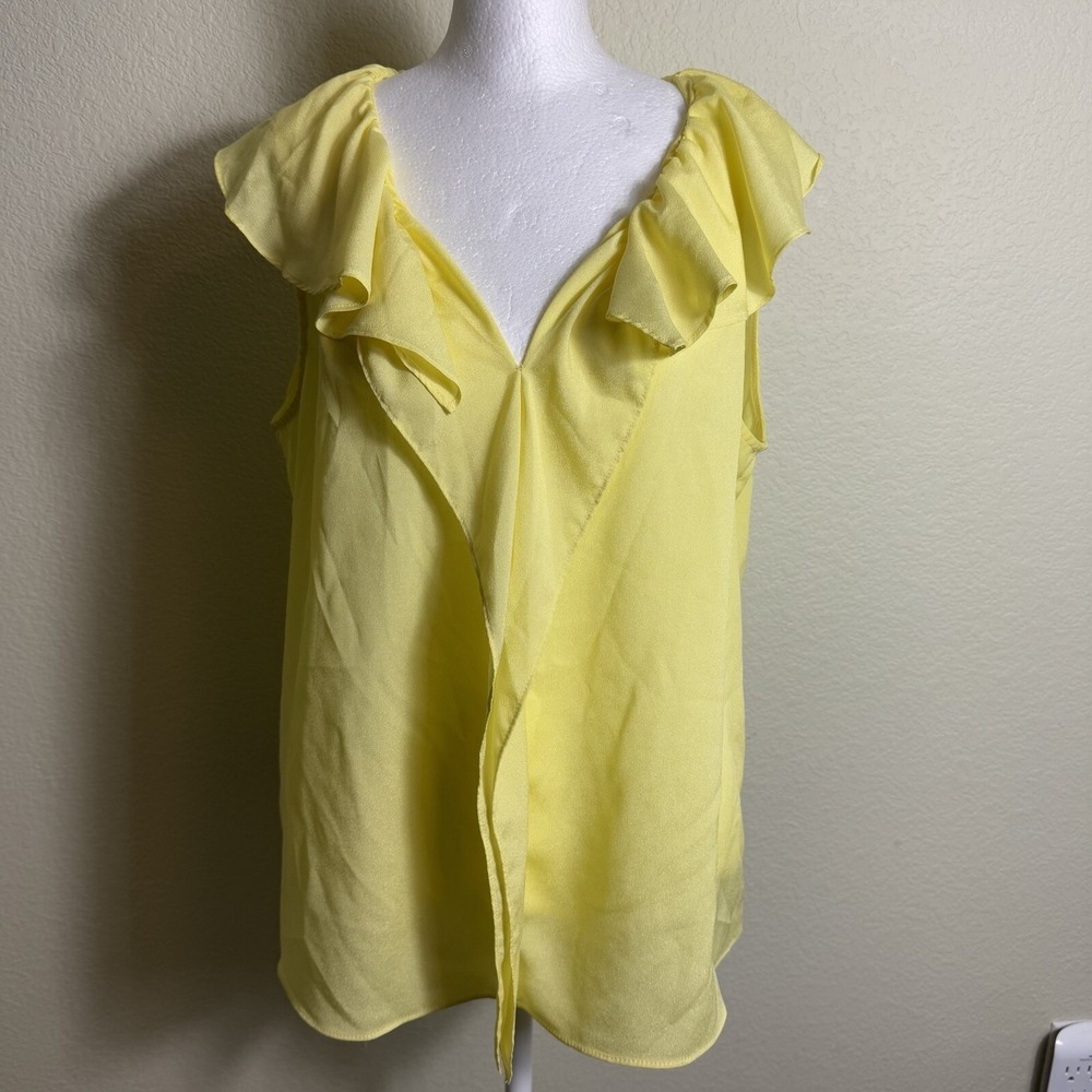 New York & Company Yellow Sleeveless Blouse Size L Ruffles V-Neck